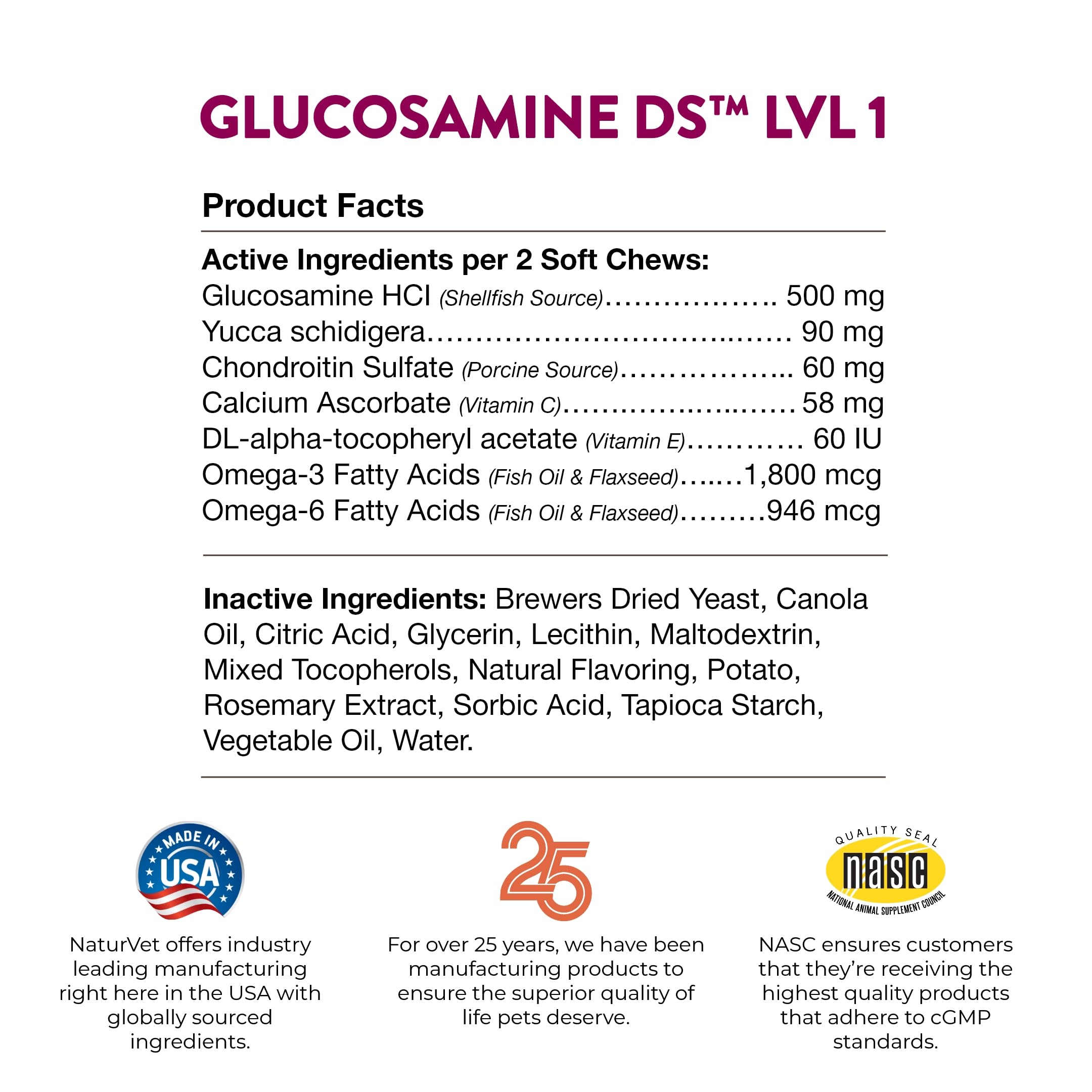 NaturVet Glucosamine DS Level 1 soft chews bowl scene shows serving for joint-support routine