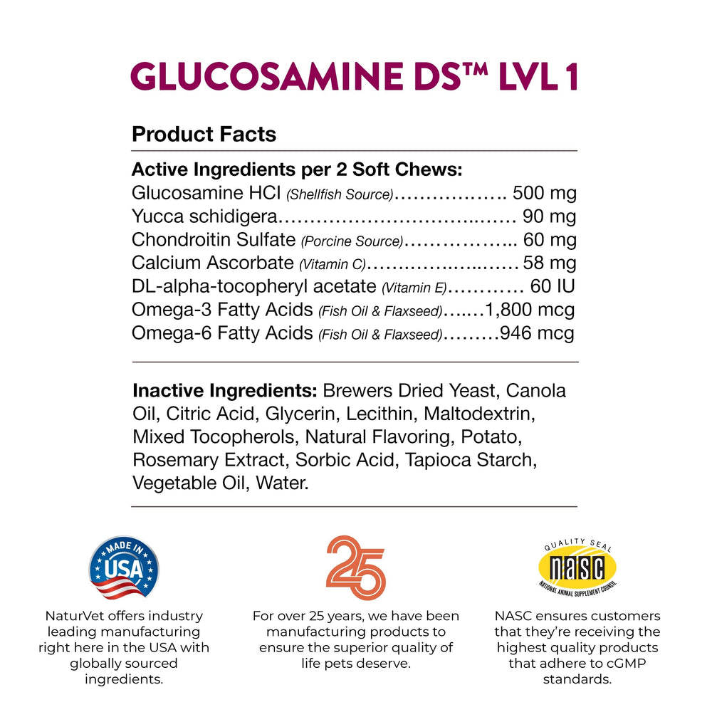 NaturVet Glucosamine DS Level 1 soft chews bowl scene shows serving for joint-support routine