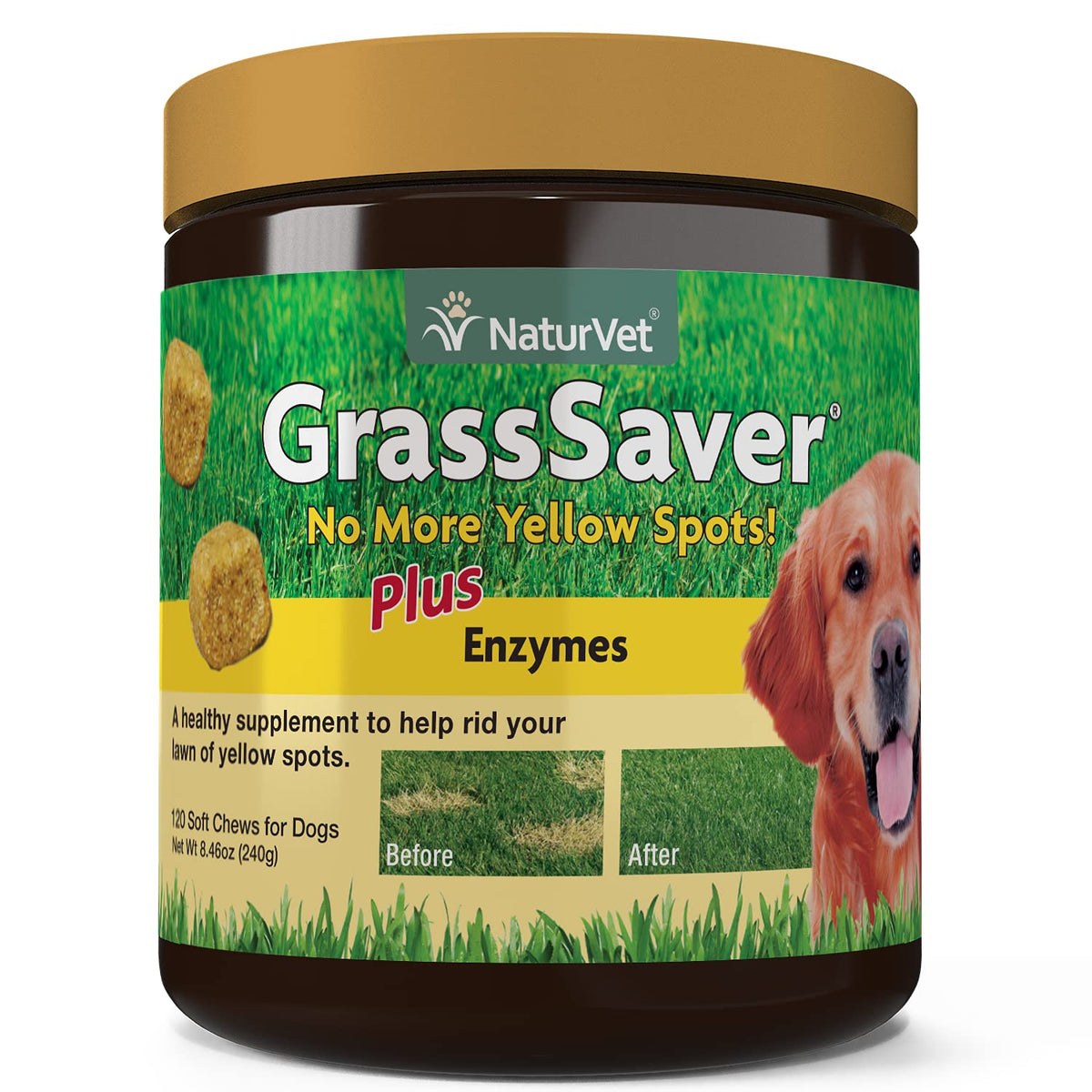 NaturVet GrassSaver bottle-front shows easy daily chews for dogs’ wellness.