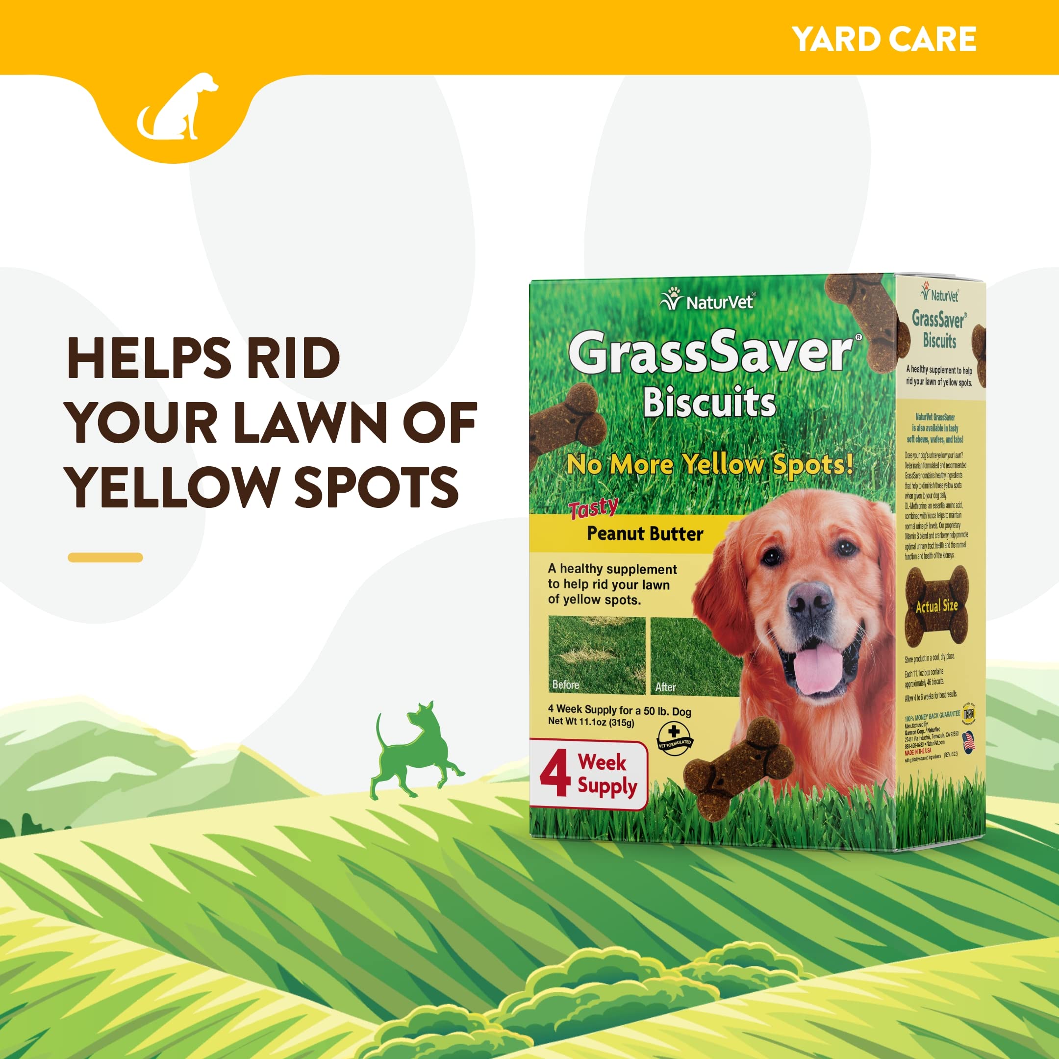 NaturVet GrassSaver biscuits closeup highlighting peanut butter flavor appeal.