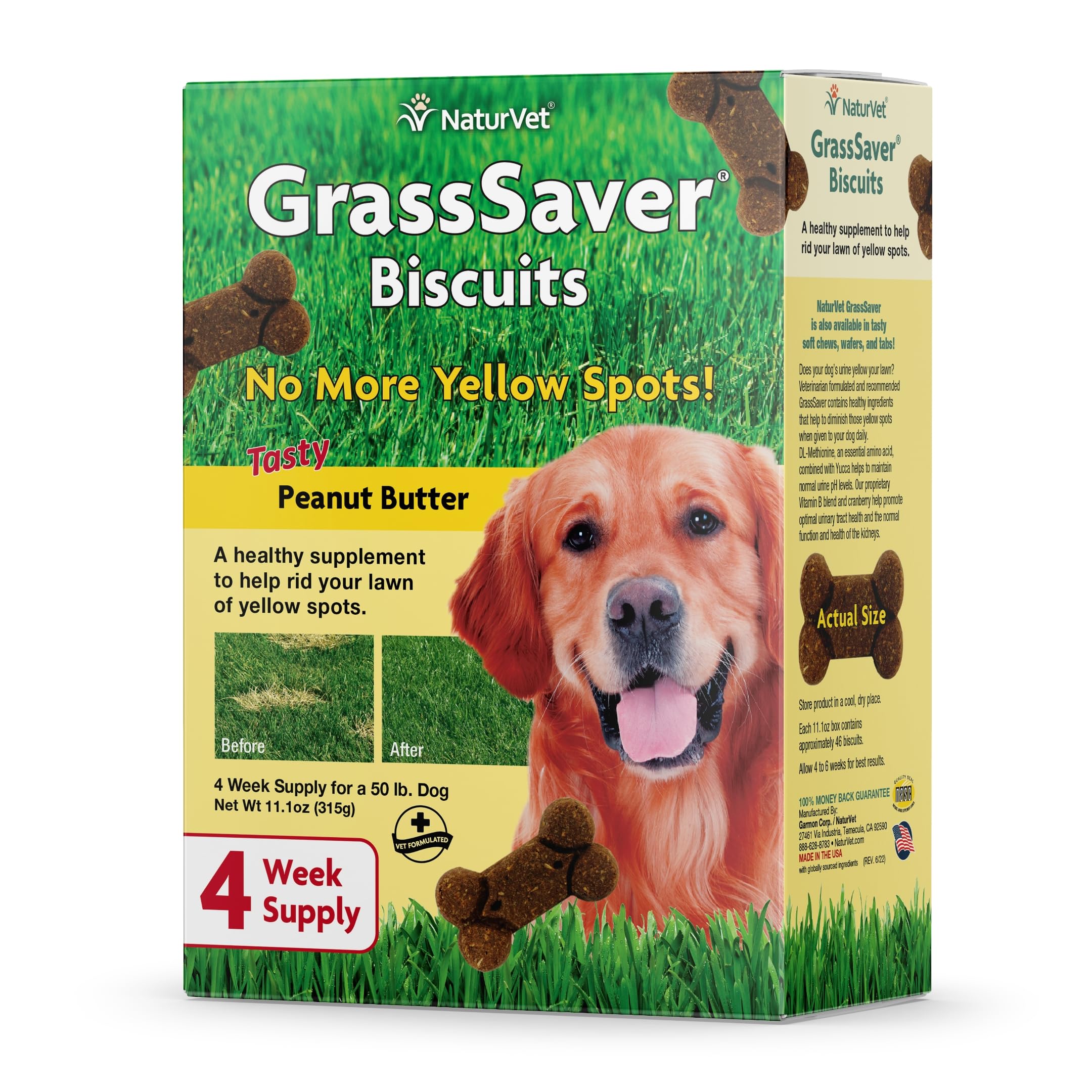 NaturVet GrassSaver biscuits packaging for convenient daily lawn care routine.