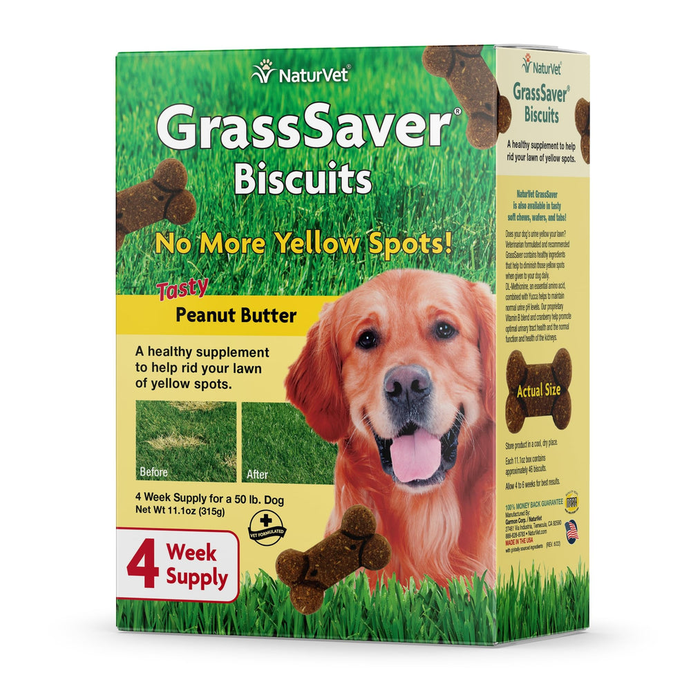 NaturVet GrassSaver biscuits packaging for convenient daily lawn care routine.