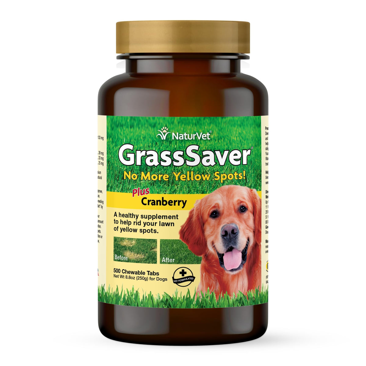 NaturVet GrassSaver bottle front shows USA-made dog support for lawn health.