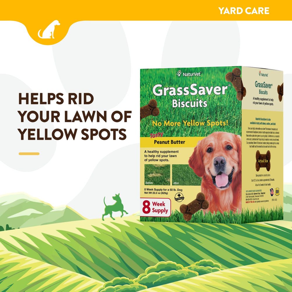 NaturVet GrassSaver dog enjoying a peanut butter flavored biscuit.