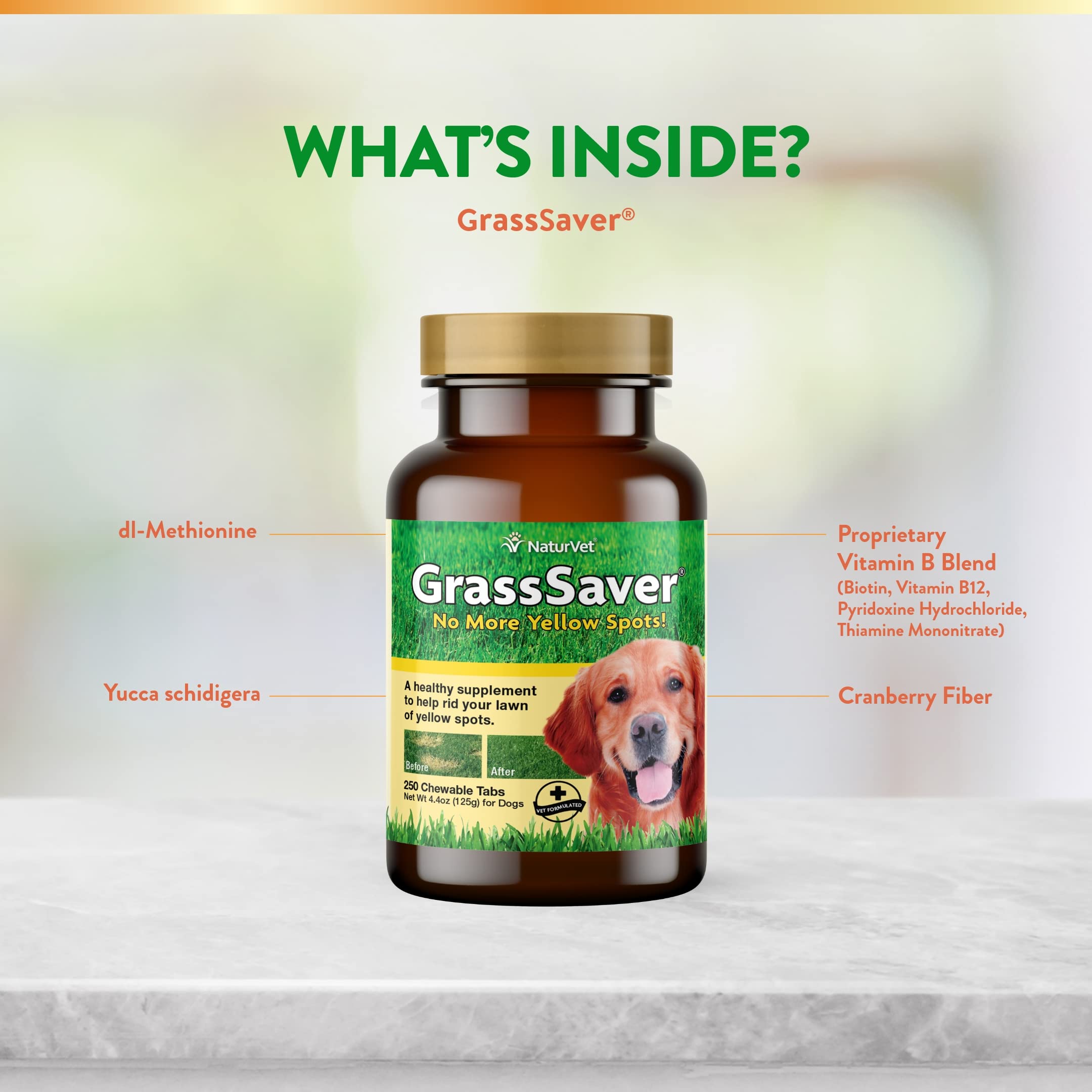 NaturVet GrassSaver ingredients highlight amino acids and B vitamins for overall support.
