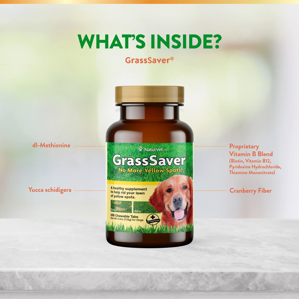 NaturVet GrassSaver ingredients highlight amino acids and B vitamins for overall support.