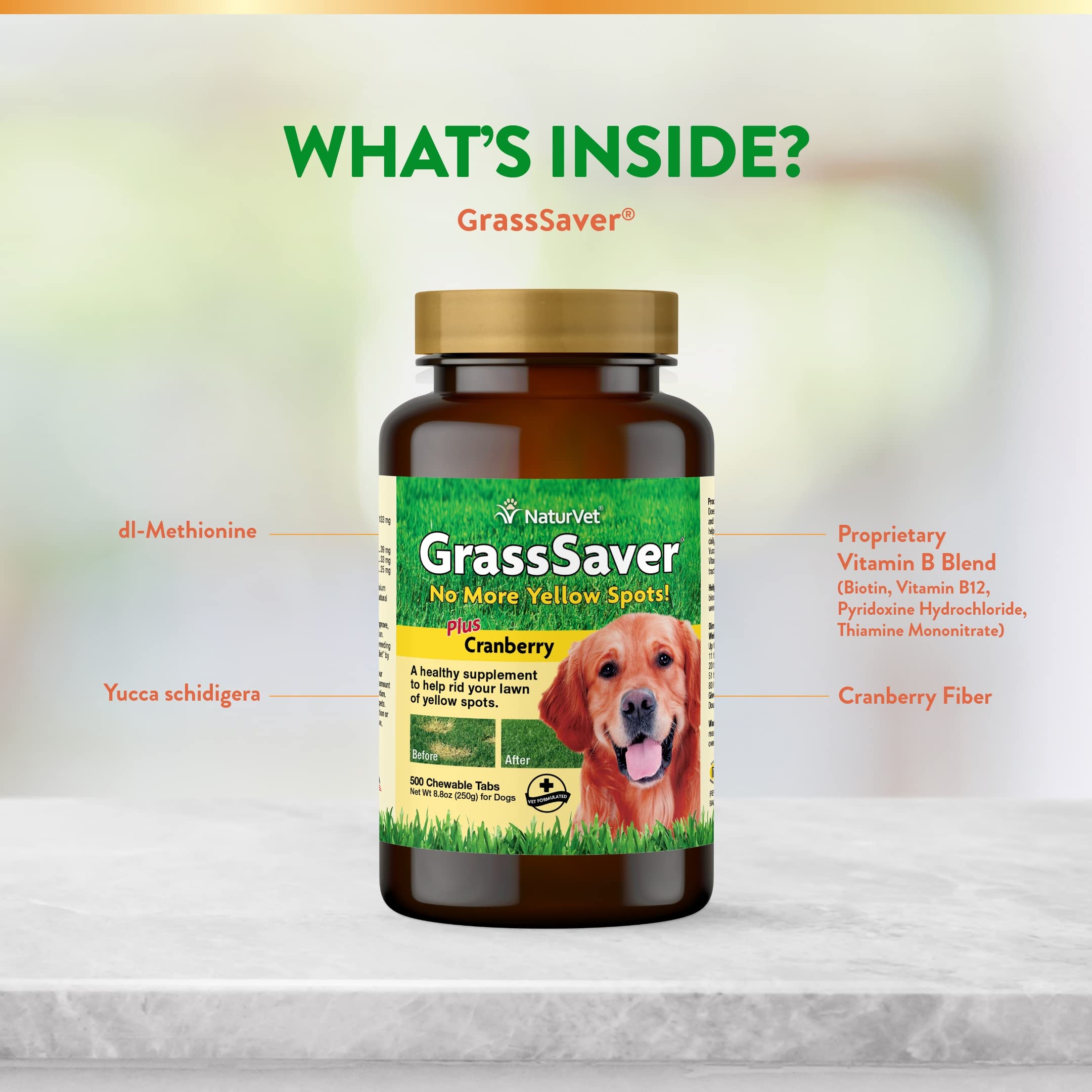 NaturVet GrassSaver packaging demonstrates easy-to-store pet supplement for busy households.