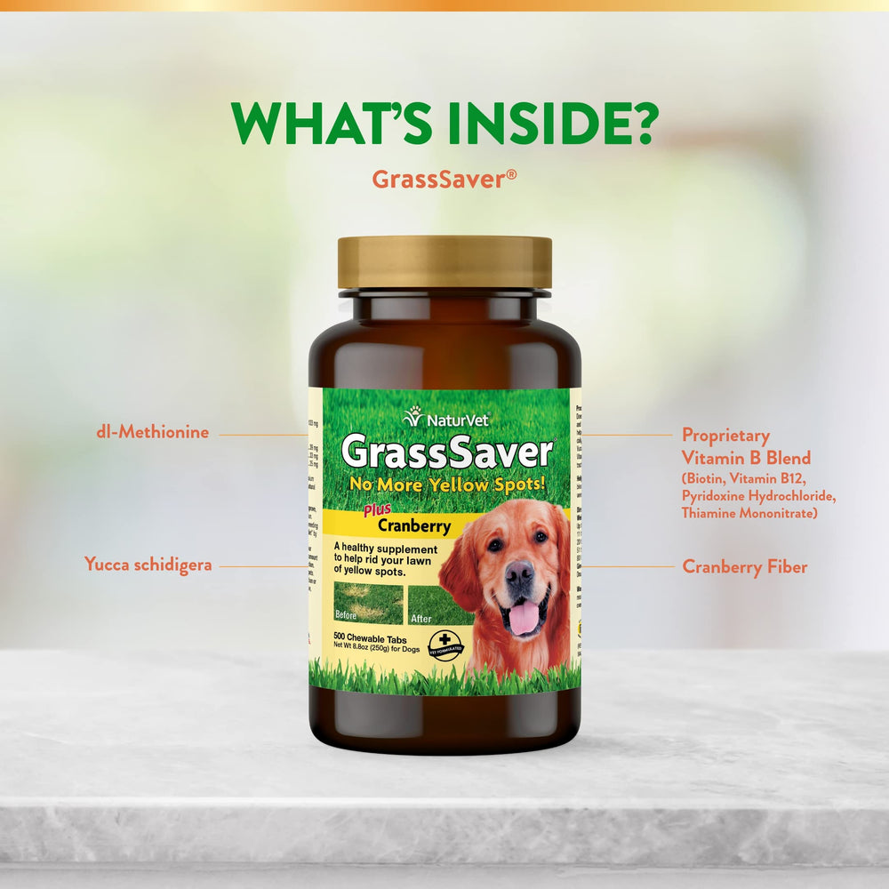 NaturVet GrassSaver packaging demonstrates easy-to-store pet supplement for busy households.