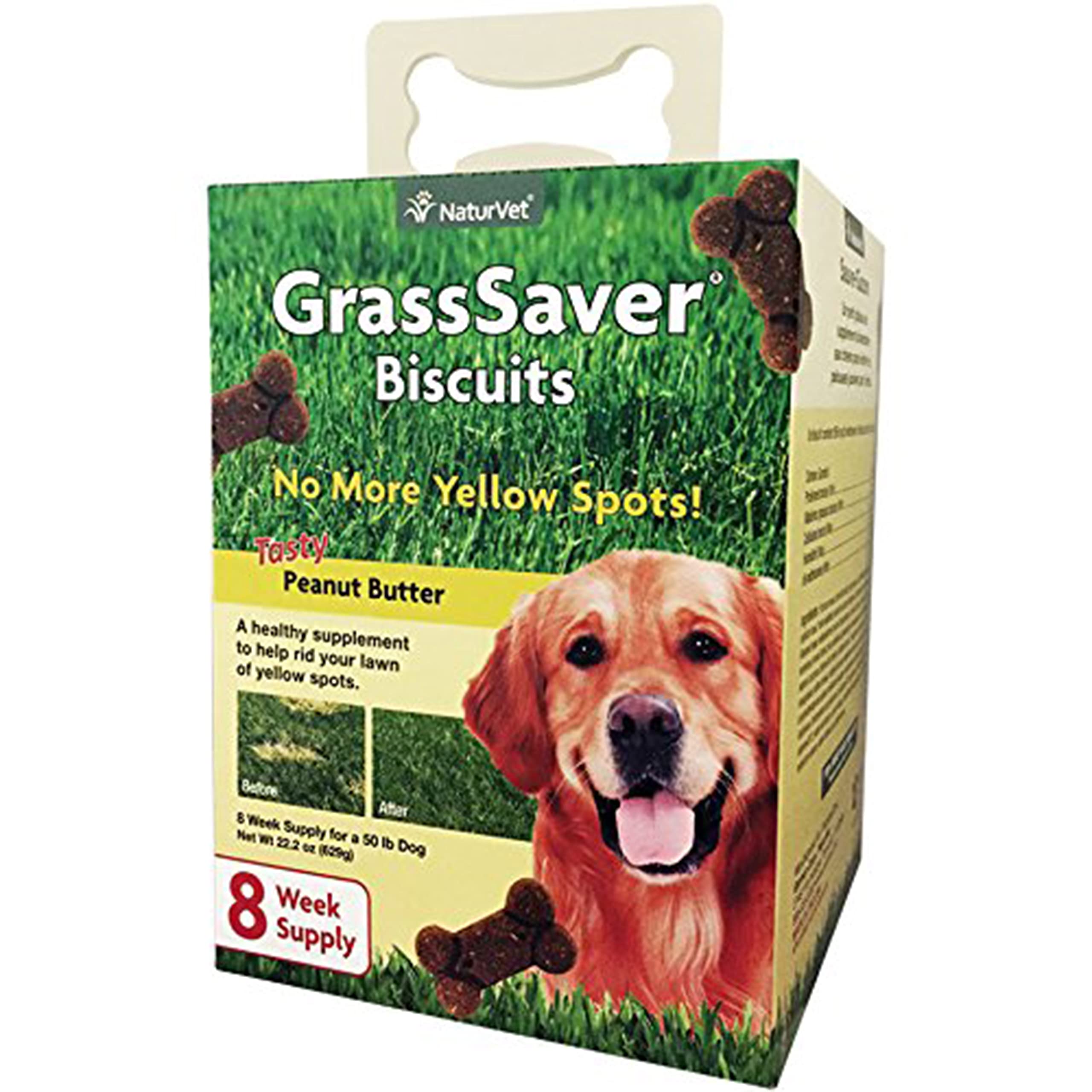 NaturVet GrassSaver packaging shows two-bag box for fresh biscuits.