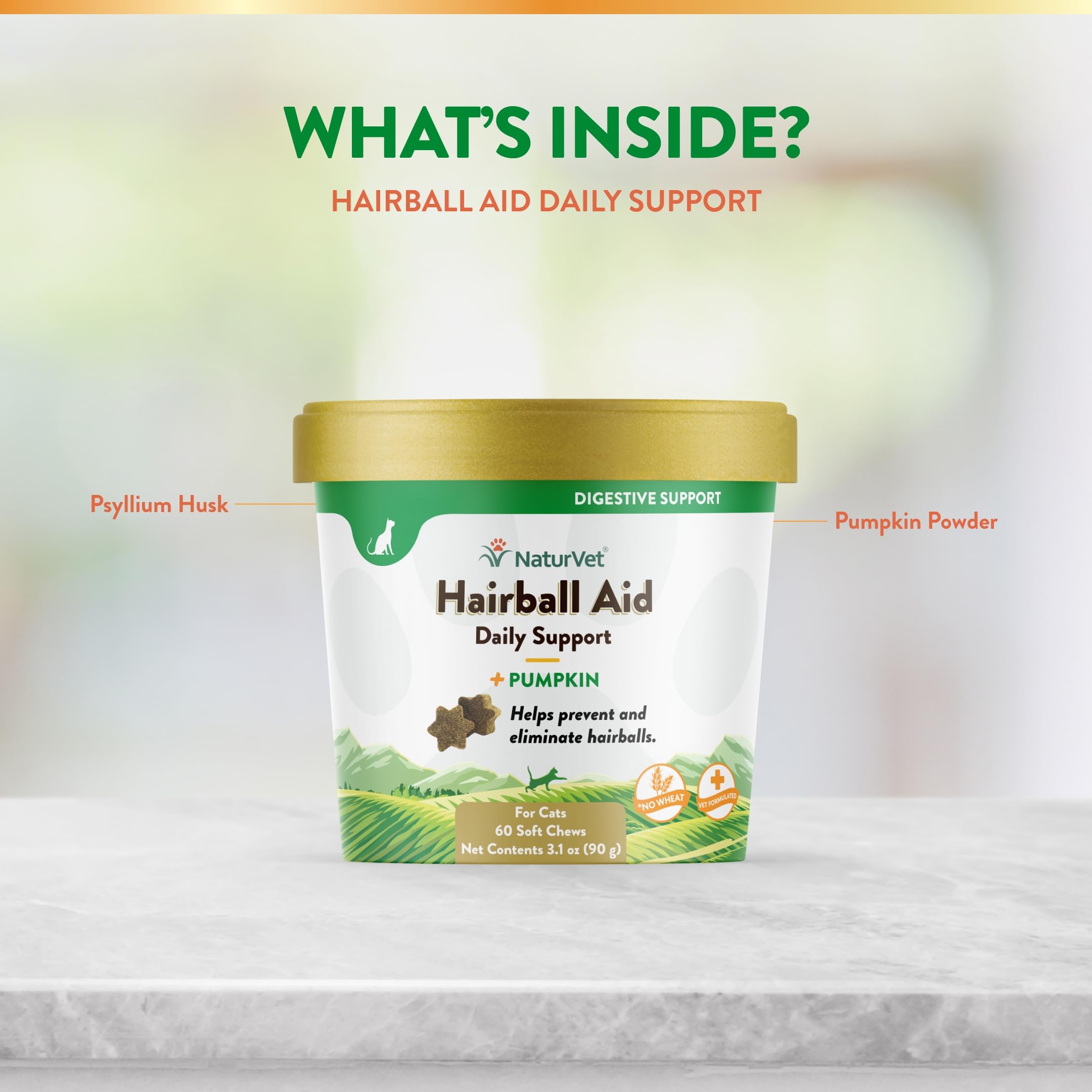 NaturVet Hairball Aid ingredients label featuring psyllium husk and fiber