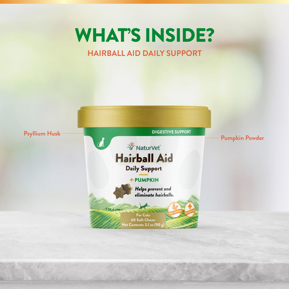 NaturVet Hairball Aid ingredients label featuring psyllium husk and fiber