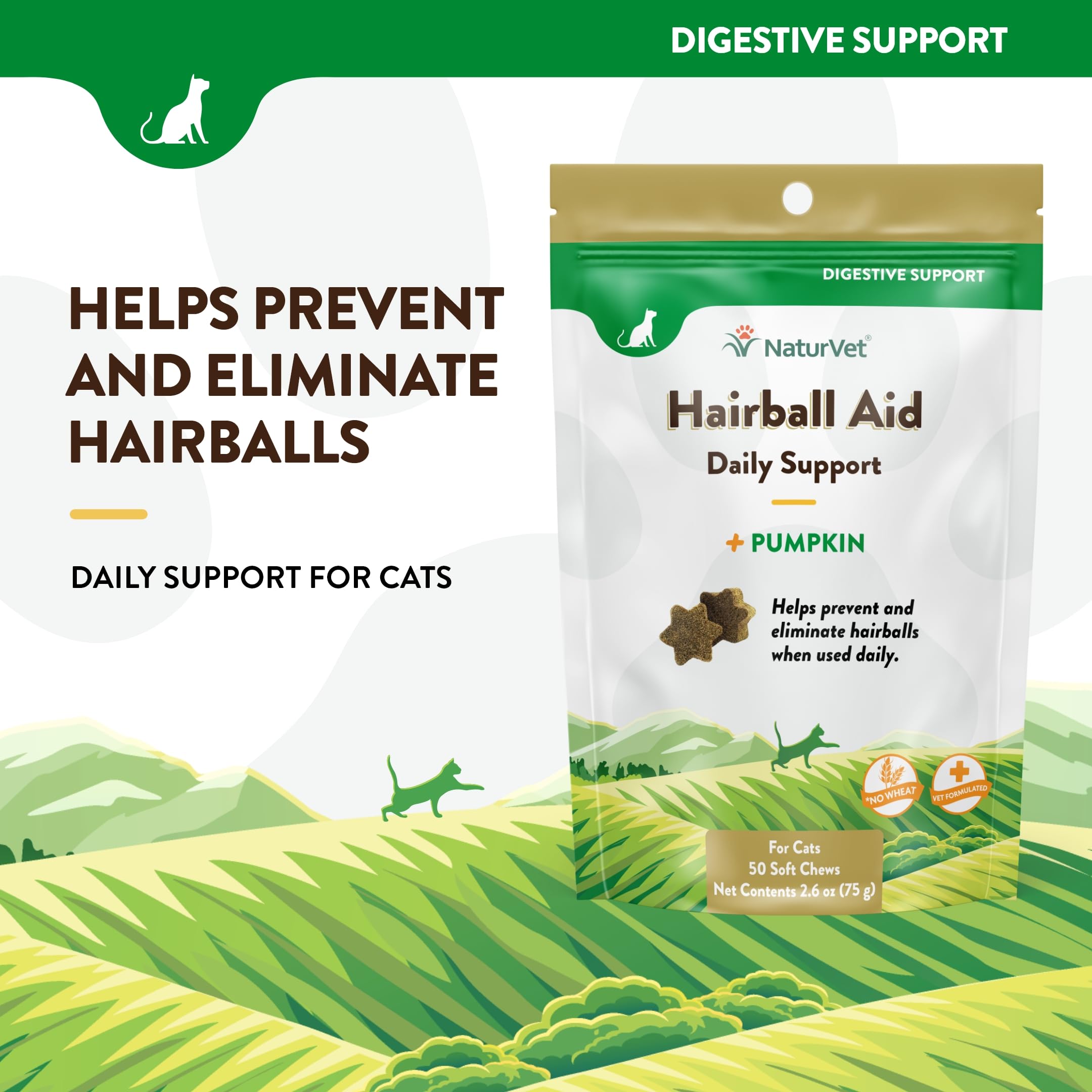 NaturVet Hairball Remedy cat chew shows a tasty soft treat for hairball management.
