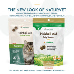NaturVet Hairball Remedy label highlights pumpkin and vitamins for digestive support.