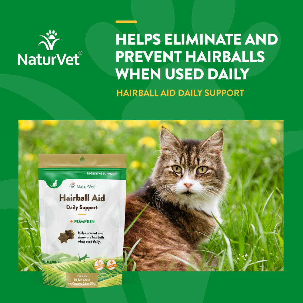 NaturVet Hairball Remedy pumpkin ingredient highlights fiber for digestion.