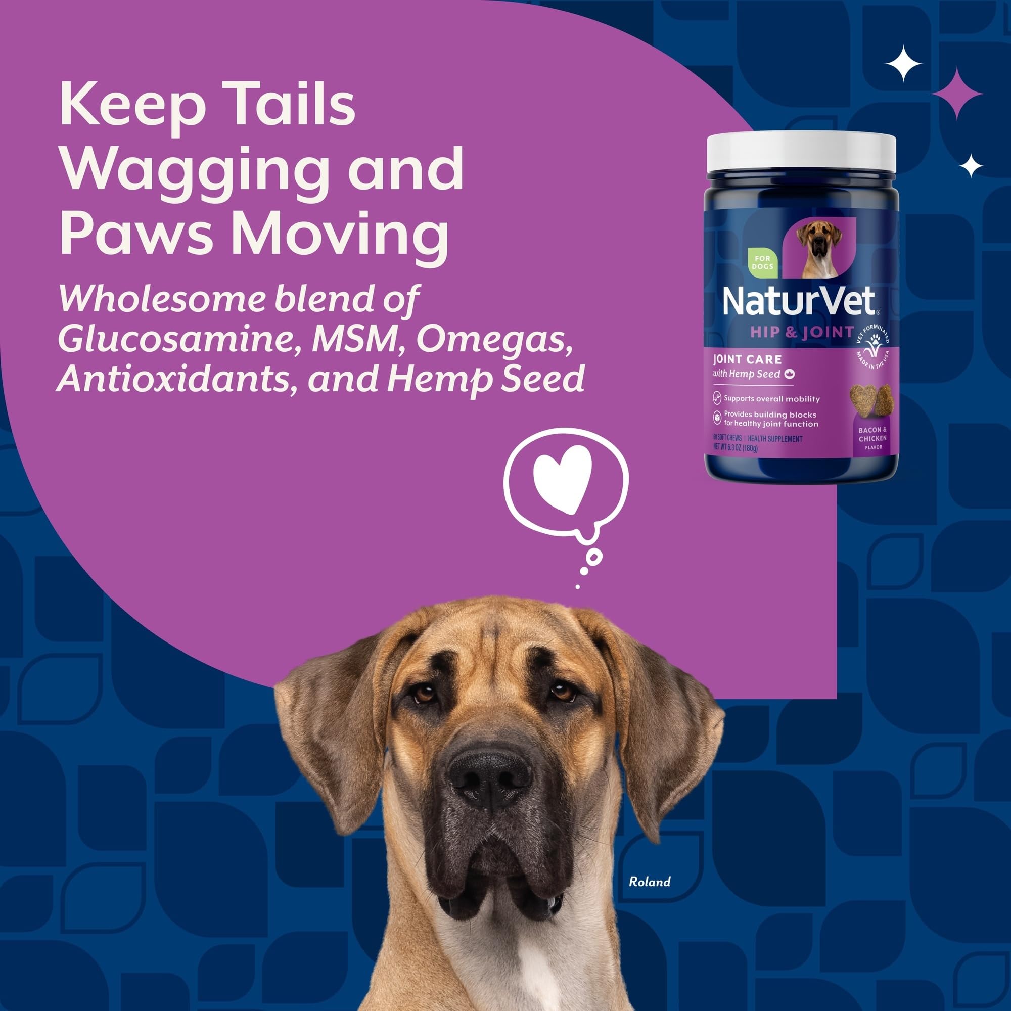 NaturVet Hemp Joint Health bottle packaging shows USA-made, veterinarian-formulated quality.