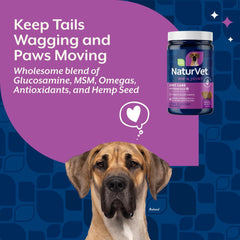 NaturVet Hemp Joint Health bottle packaging shows USA-made, veterinarian-formulated quality.