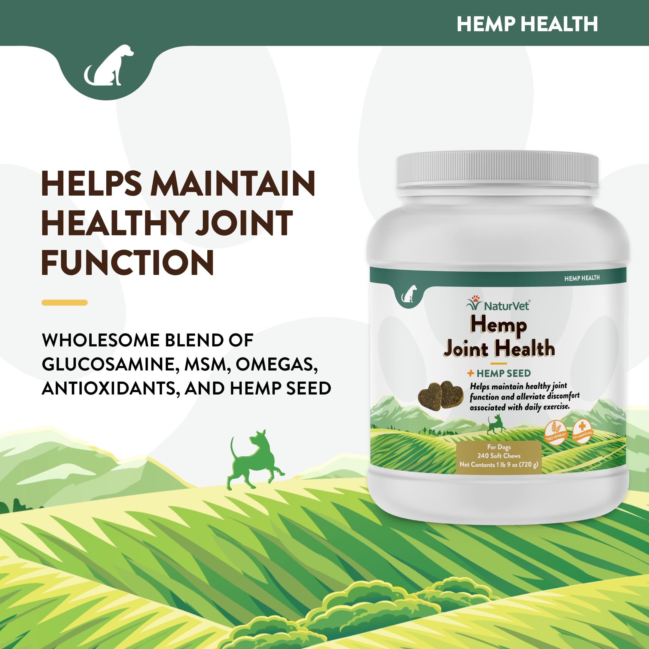 NaturVet Hemp Joint Health soft chews close-up shows key ingredients.