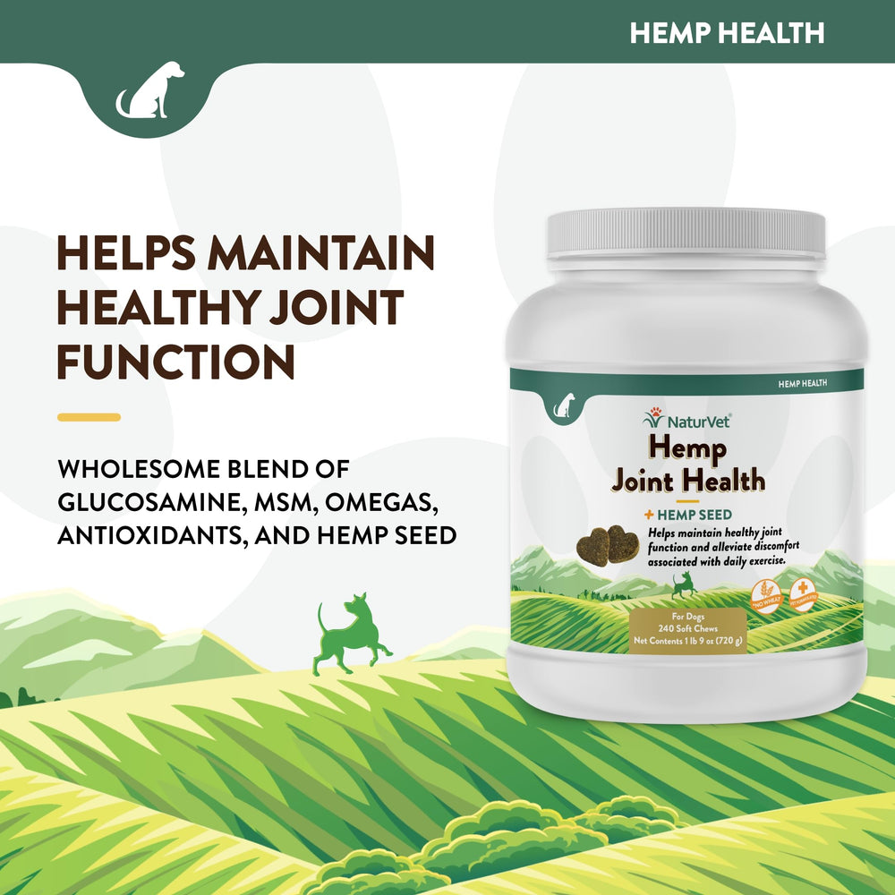 NaturVet Hemp Joint Health soft chews close-up shows key ingredients.