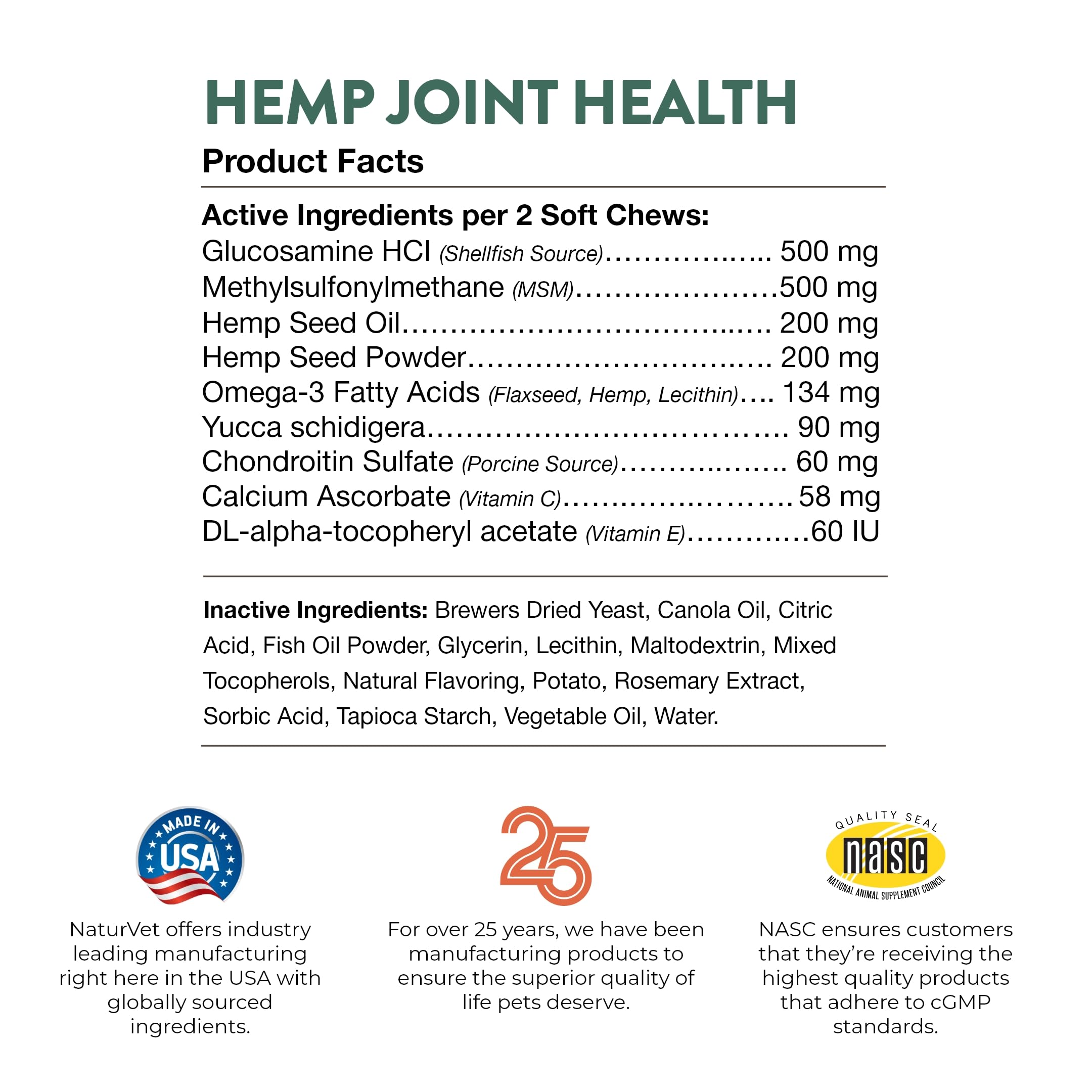 NaturVet Hemp Joint Health soft chews made in USA label on bottle.