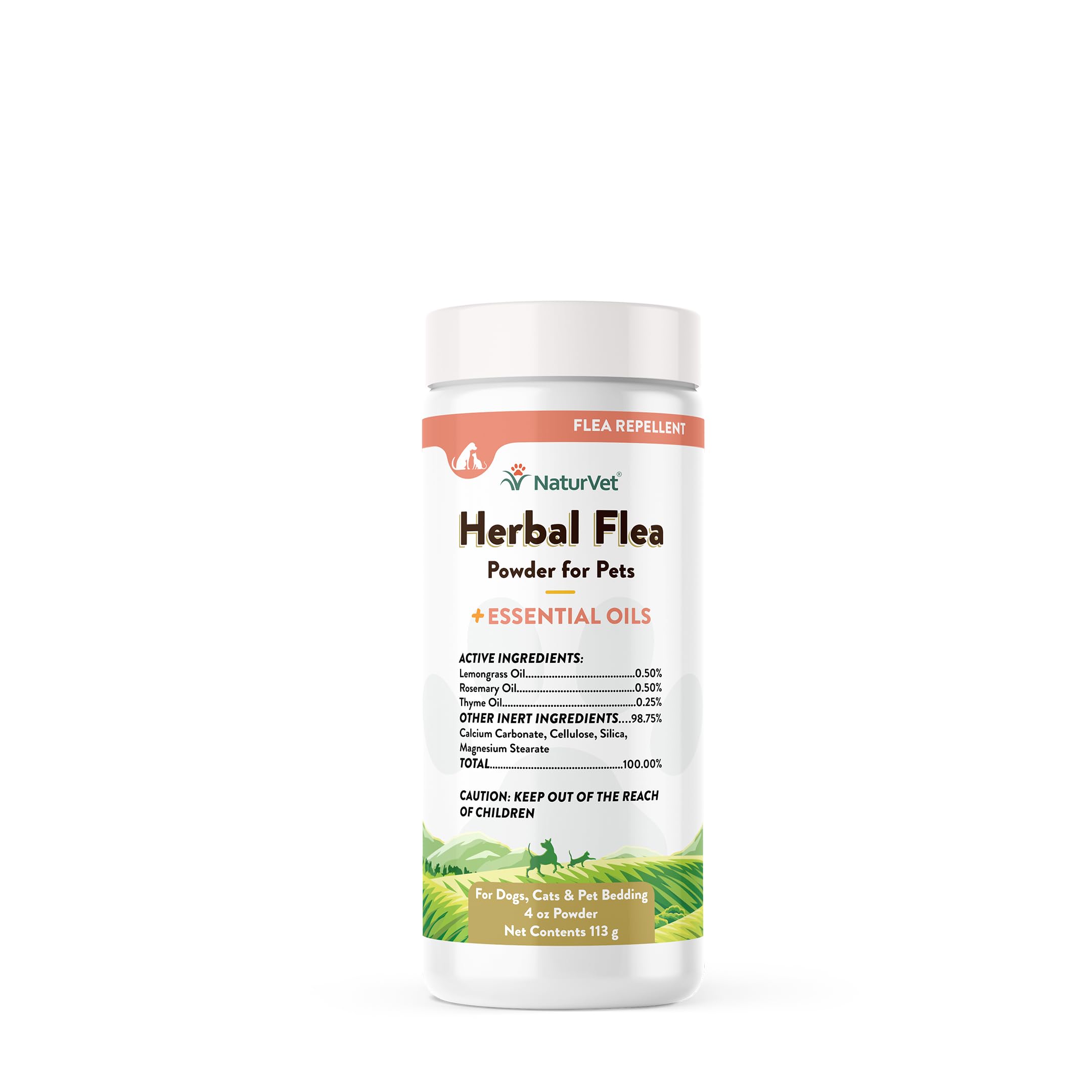 NaturVet Herbal Flea Plus Powder jar shows flea deterrence, fresh herbal fragrance for dogs and cats