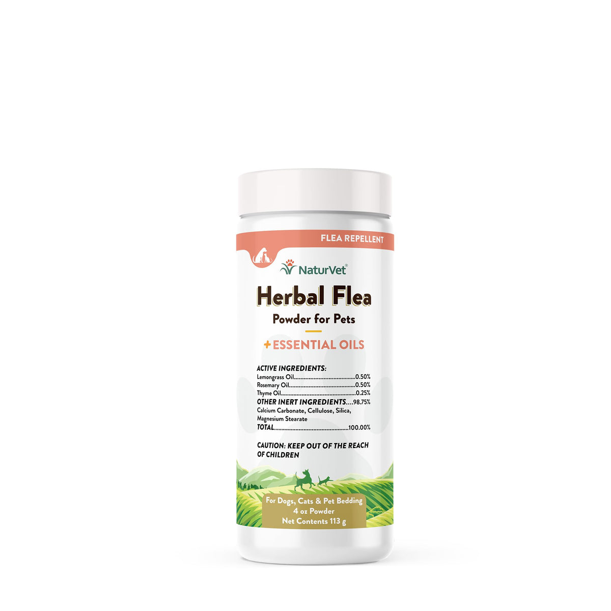 NaturVet Herbal Flea Plus Powder jar shows flea deterrence, fresh herbal fragrance for dogs and cats