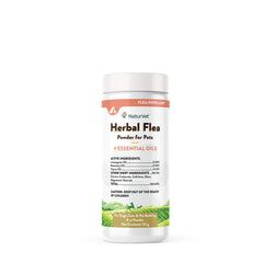 NaturVet Herbal Flea Plus Powder jar shows flea deterrence, fresh herbal fragrance for dogs and cats