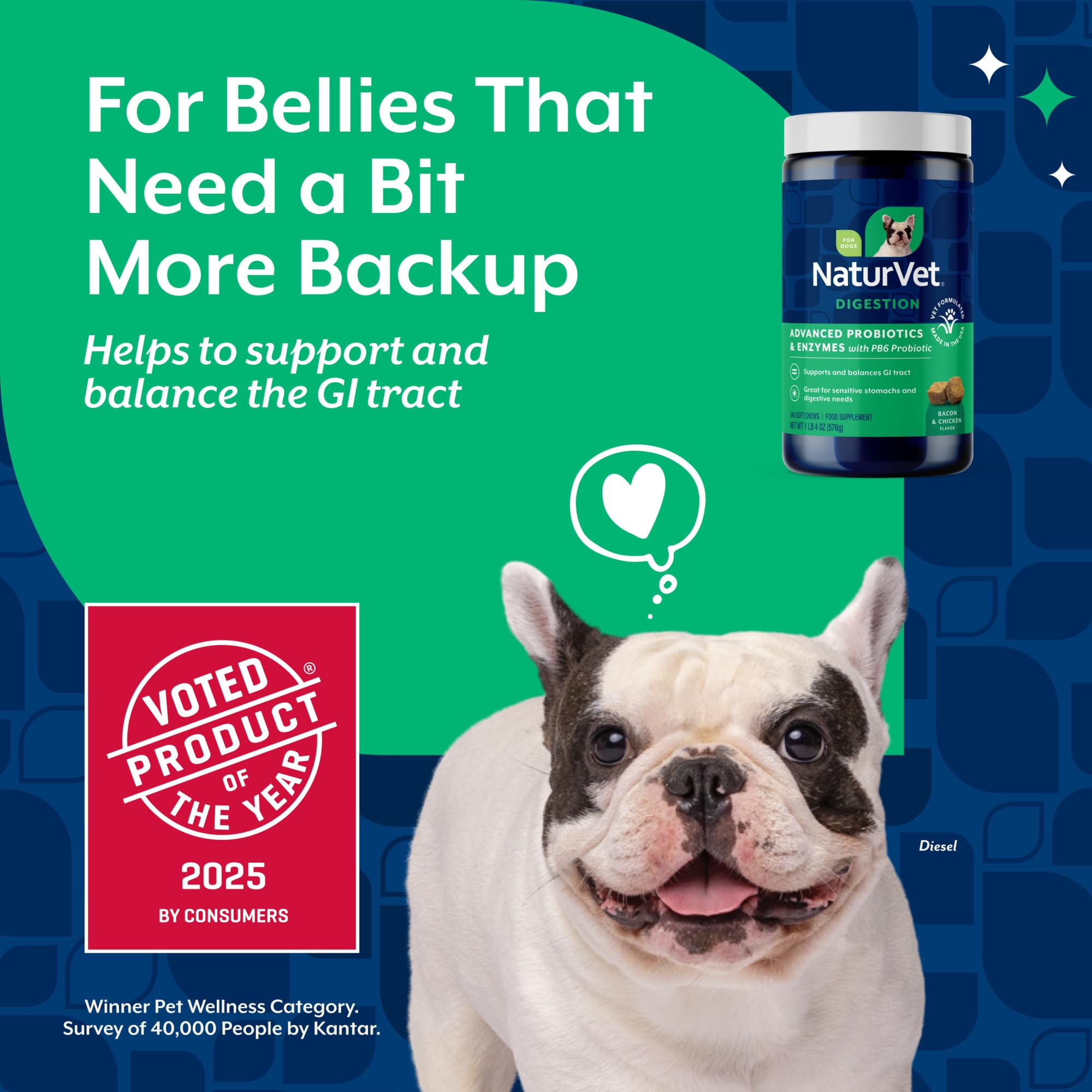 NaturVet bacon-flavored dog chews shown for palatable digestion support