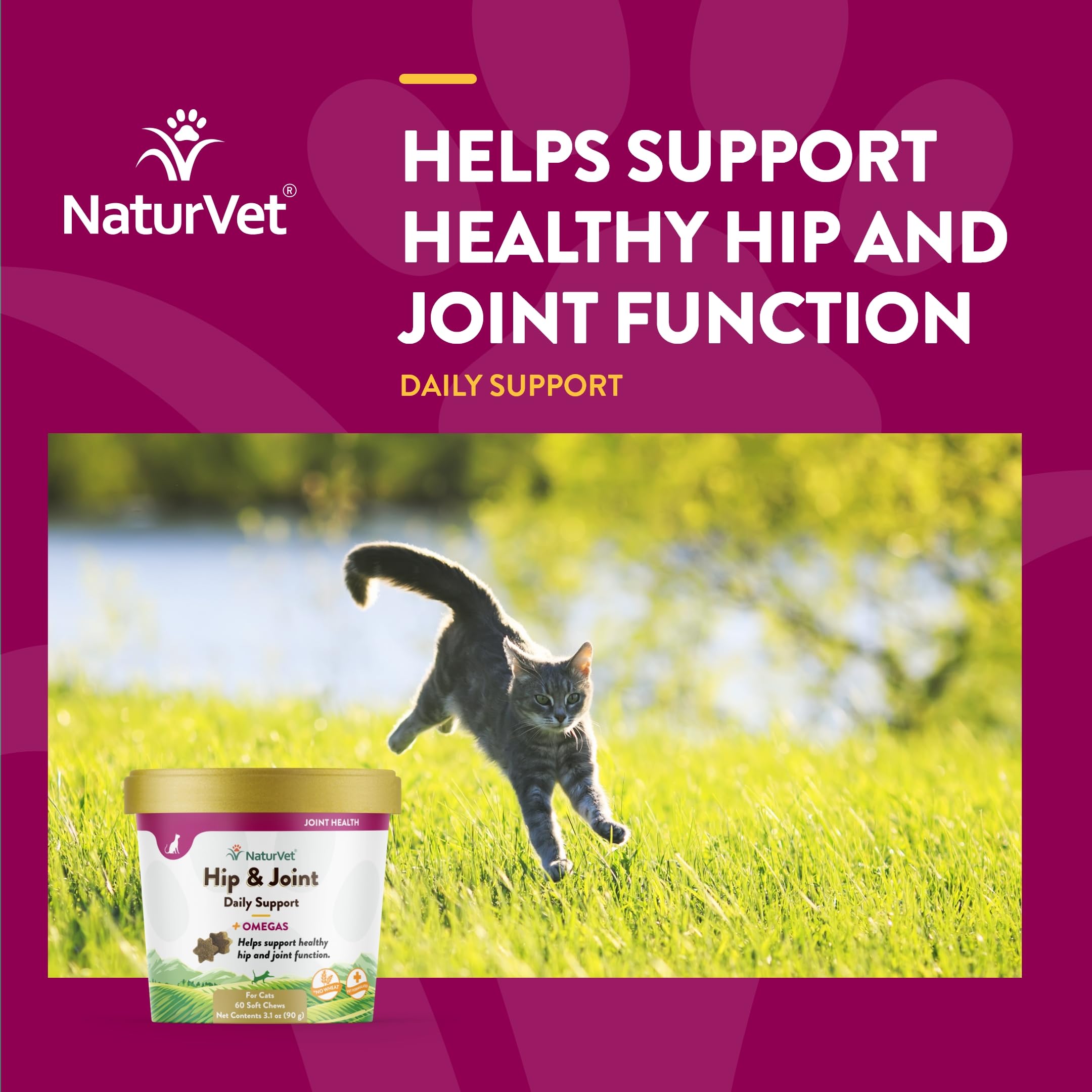 NaturVet Hip & Joint Cat Soft Chews Plus Omegas cat licking chew indicates palatability.