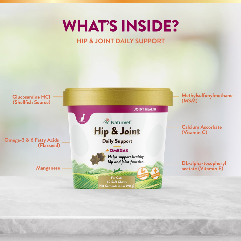 NaturVet Hip & Joint Cat Soft Chews Plus Omegas hand offering a treat shows simple dosing.