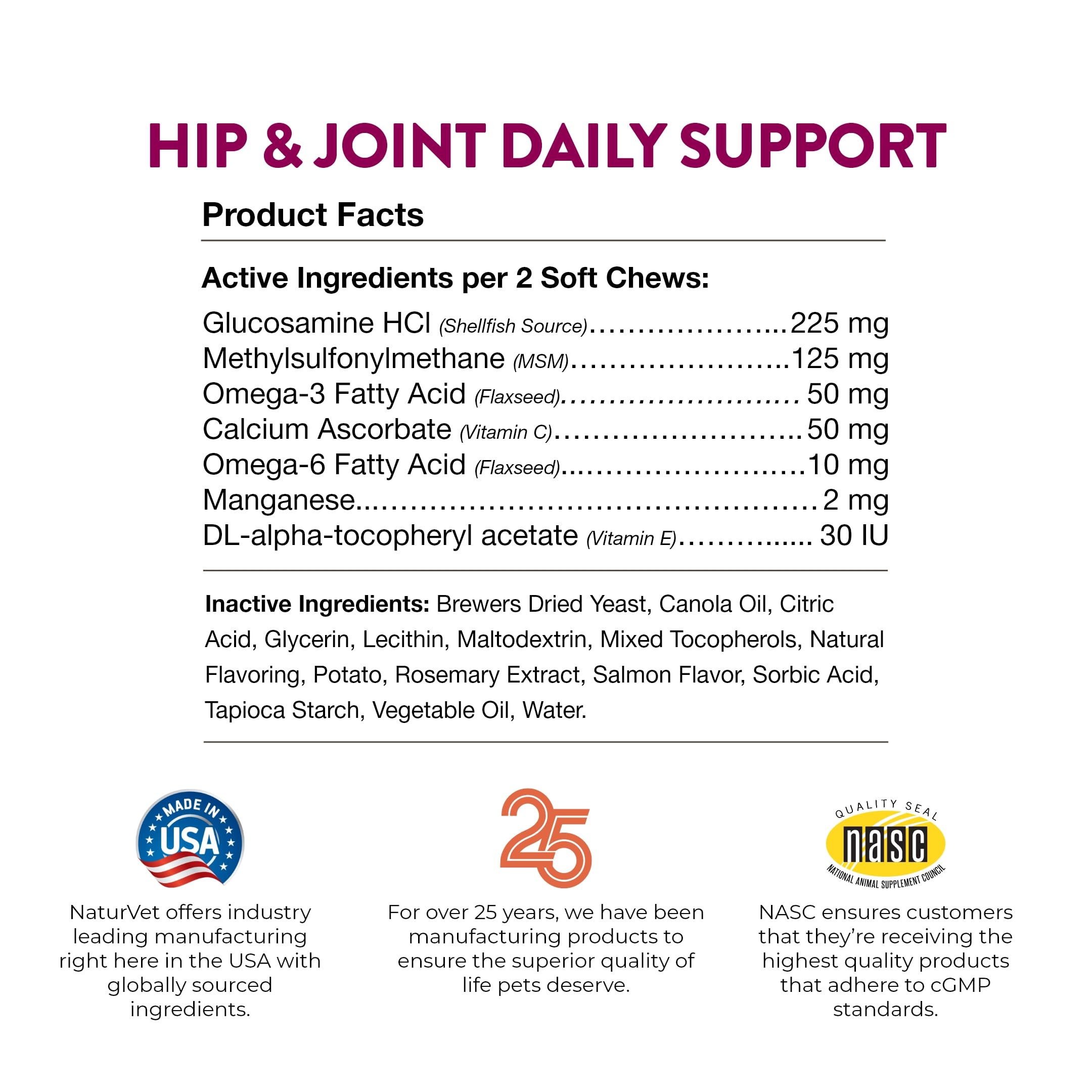 NaturVet Hip & Joint Cat Soft Chews Plus Omegas antioxidants-rich formulation on label.