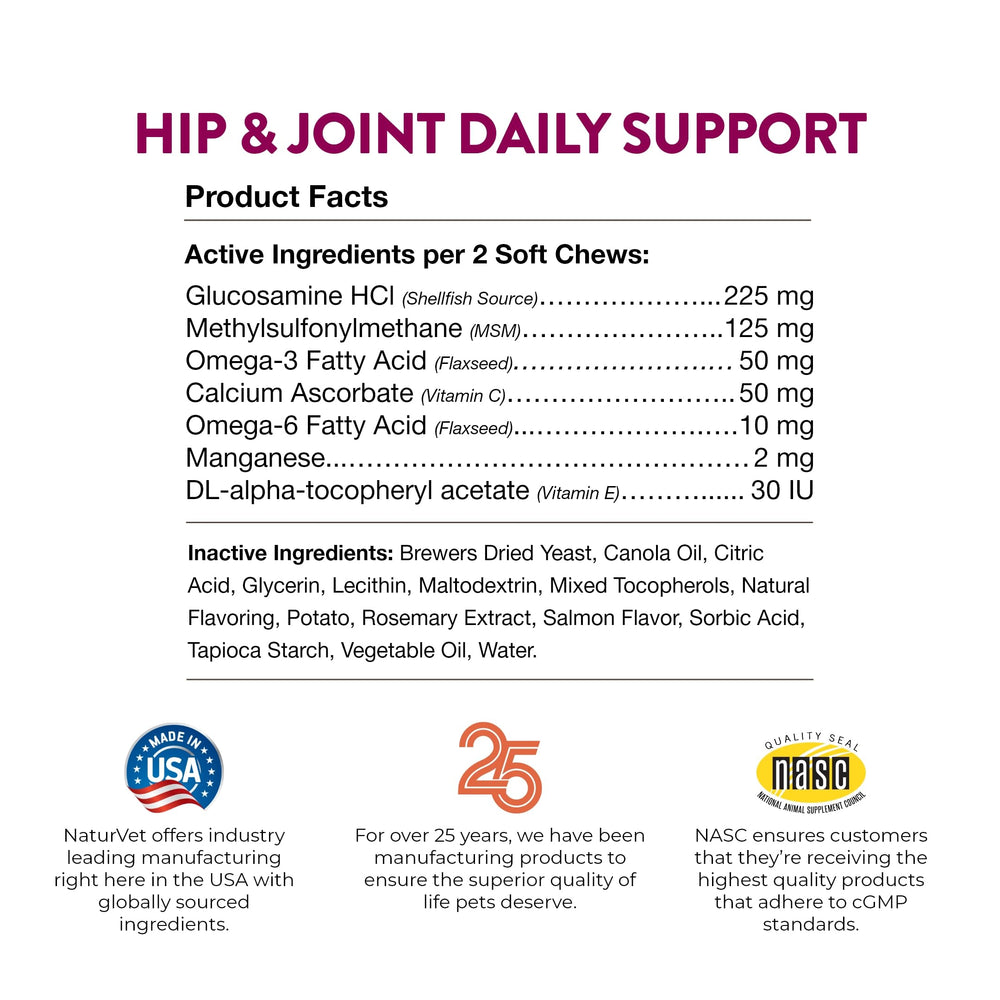 NaturVet Hip & Joint Cat Soft Chews Plus Omegas antioxidants-rich formulation on label.