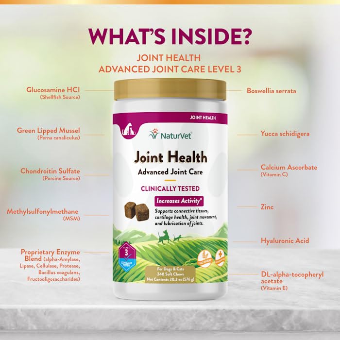 NaturVet Joint Health Level 3 soft chews packaging shows wheat-free formula