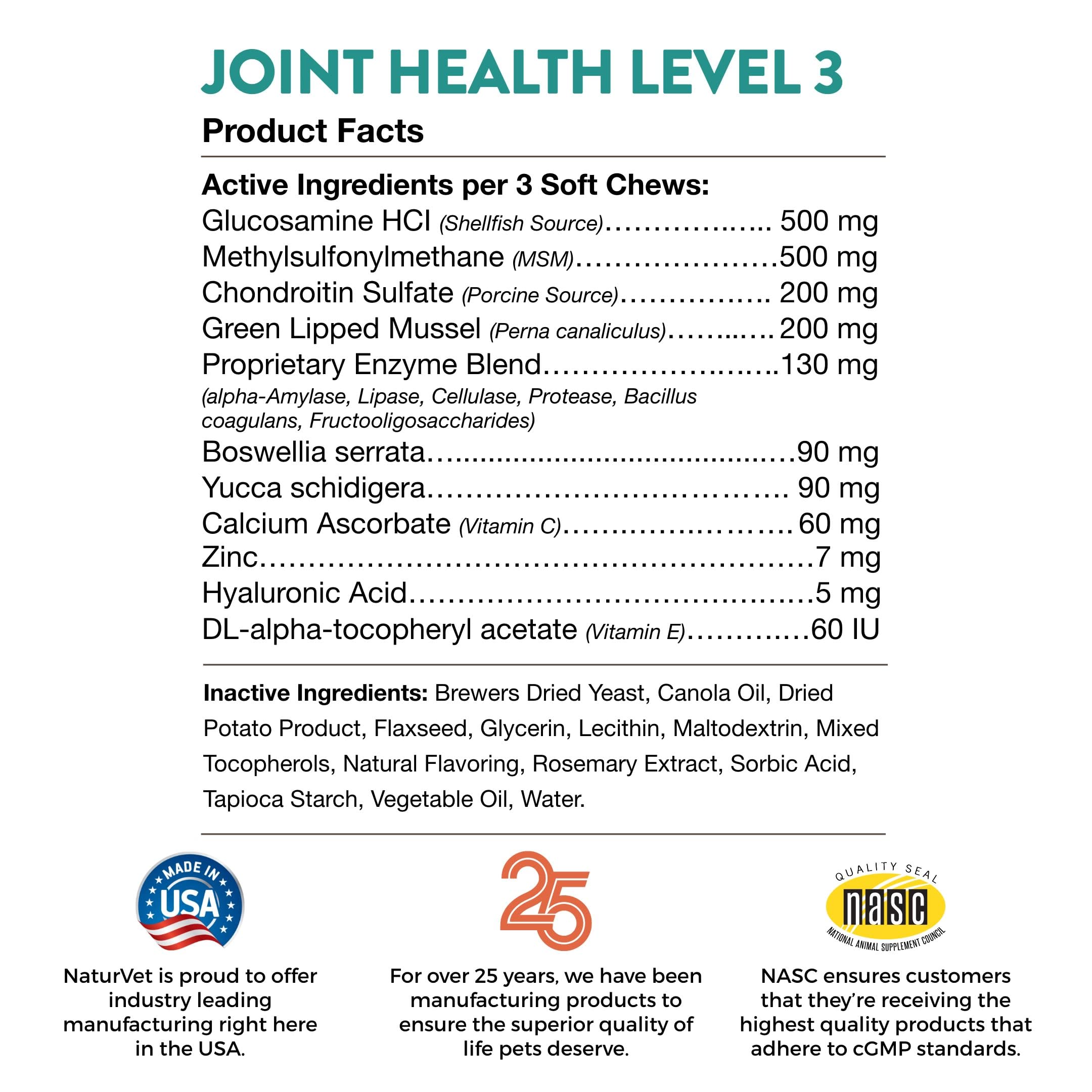 NaturVet Joint Health Level 3 soft chews label highlights wheat-free, USA-made formula