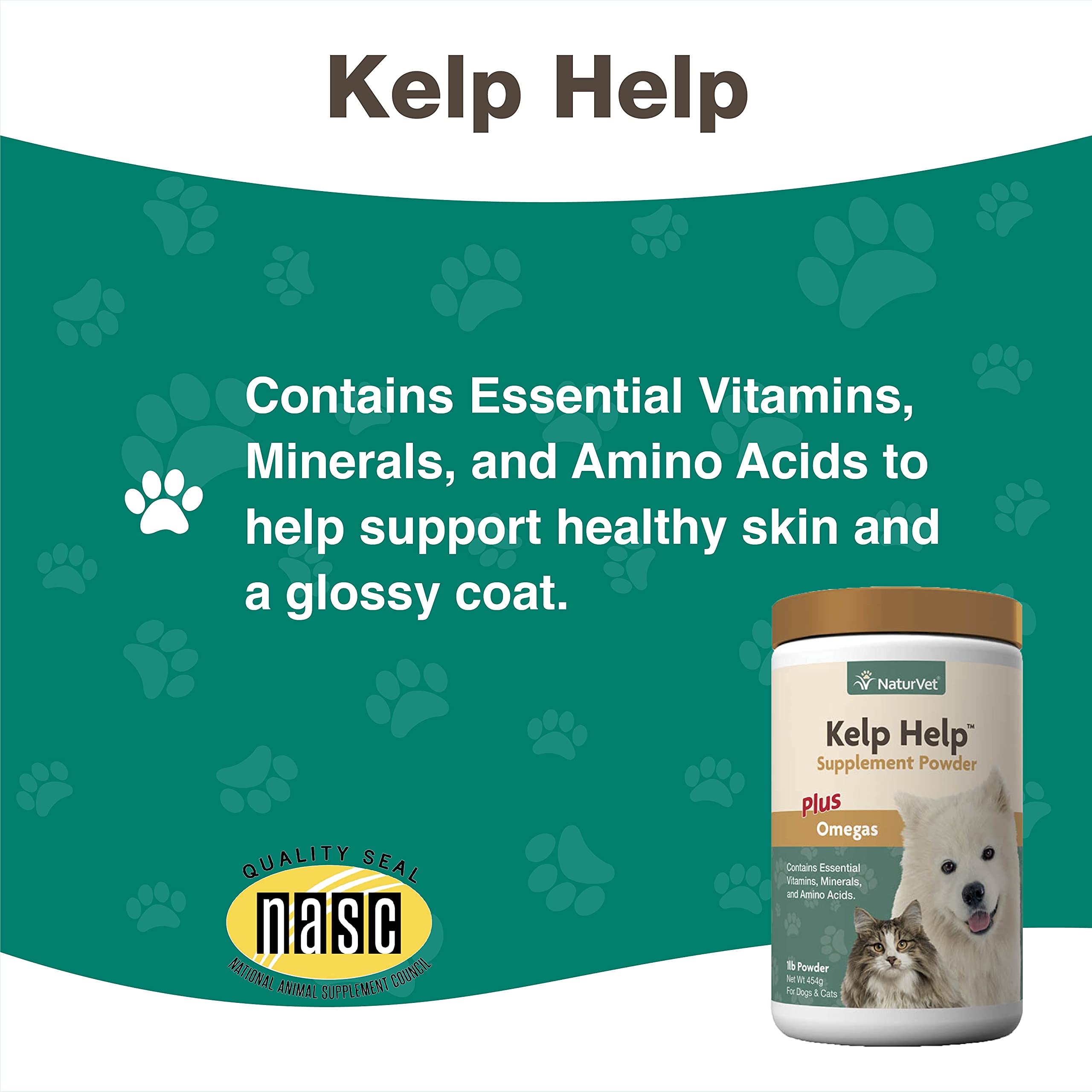 NaturVet Kelp Help Plus Omegas USA-made badge closeup signals quality