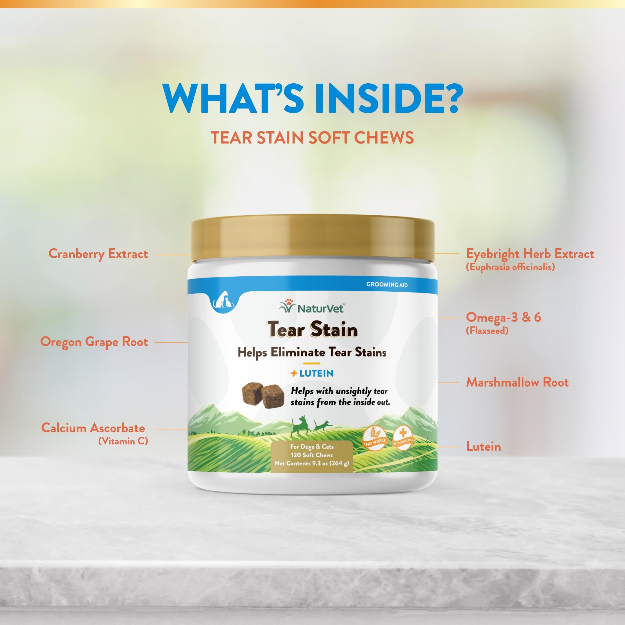 NaturVet Lutein Tear Stain dog chews closeup—soft chews for daily use.