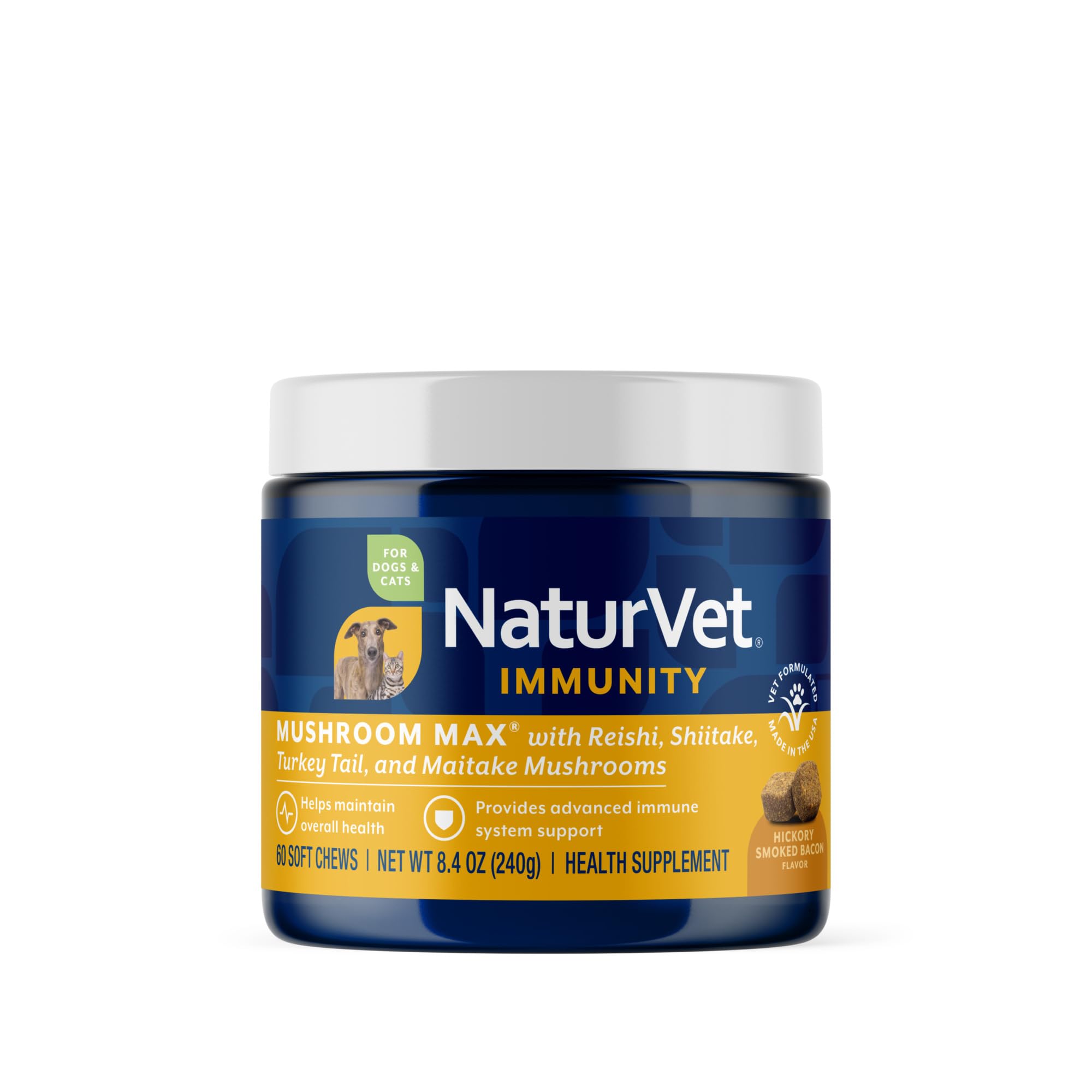 NaturVet Mushroom Max Advanced Immune bottle promotes daily immune support for dogs.
