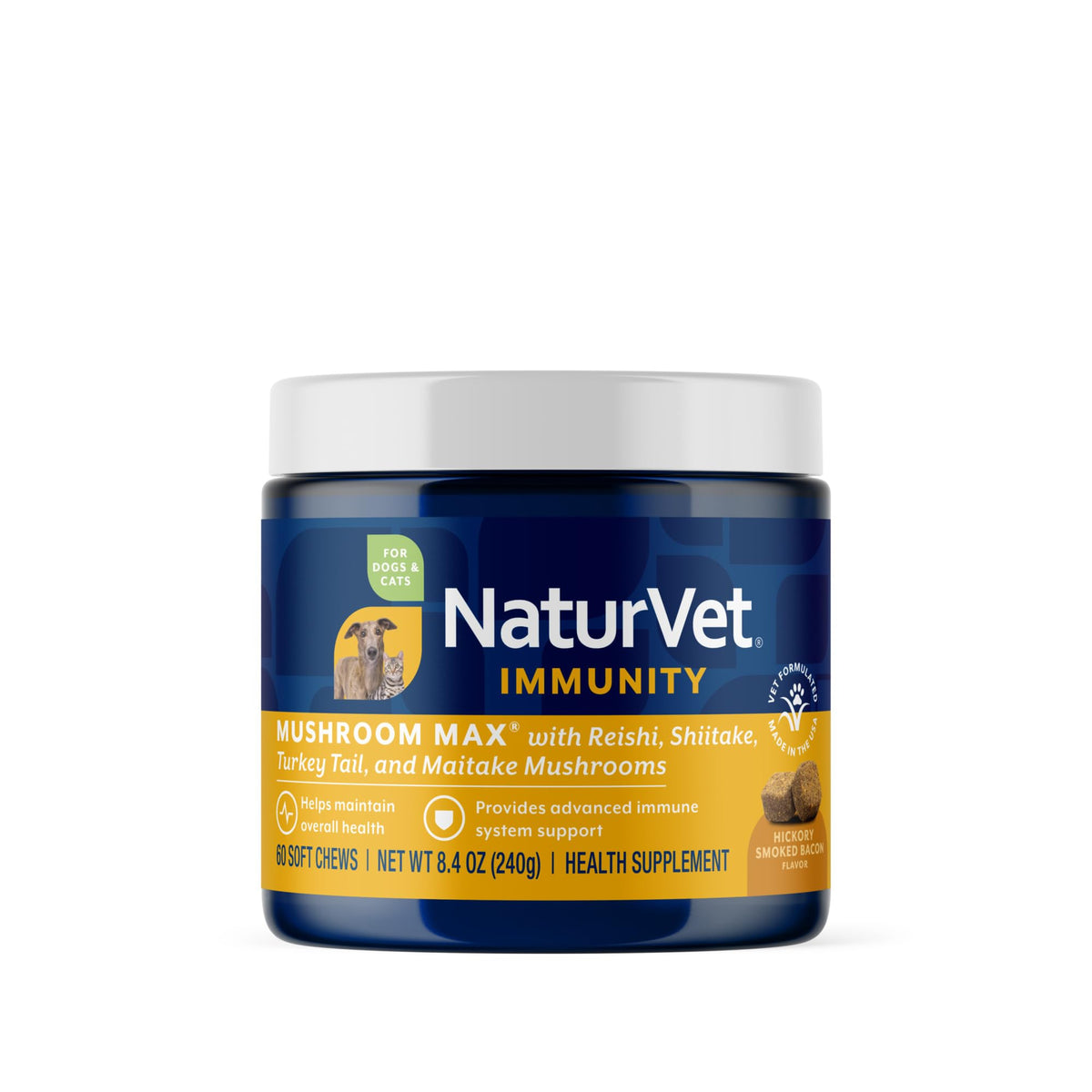 NaturVet Mushroom Max Advanced Immune bottle promotes daily immune support for dogs.