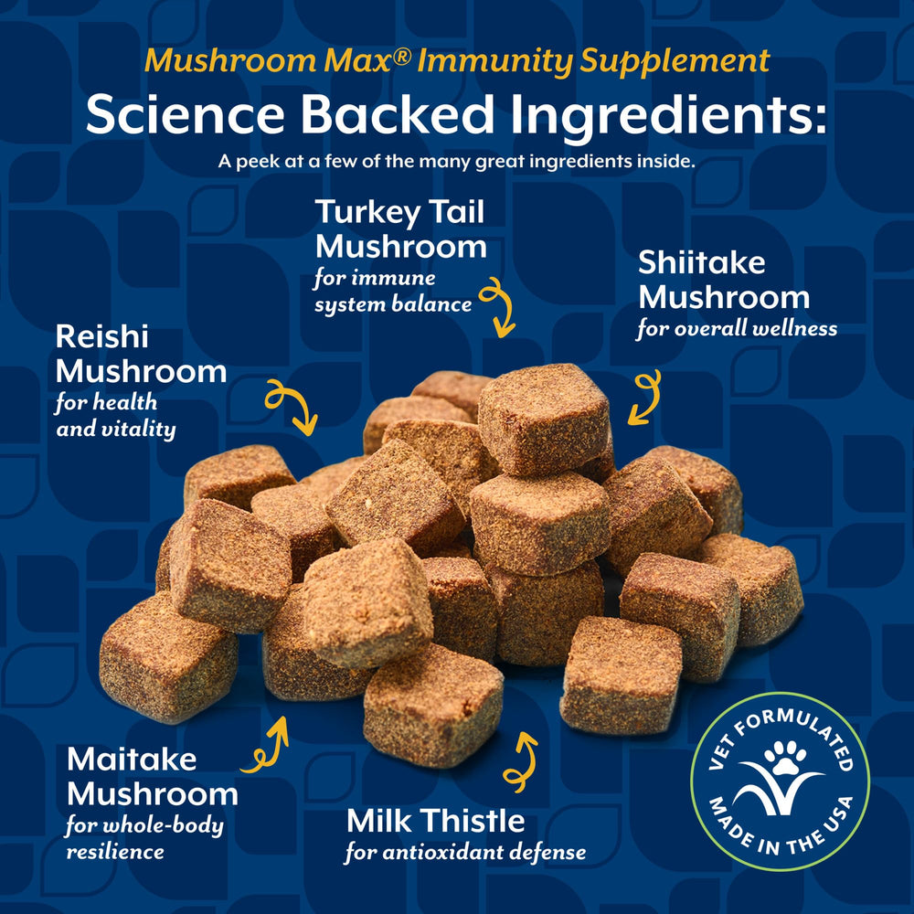 NaturVet Mushroom Max Advanced Ingredients Maitake Turkey Tail features diverse mushrooms for wellness.