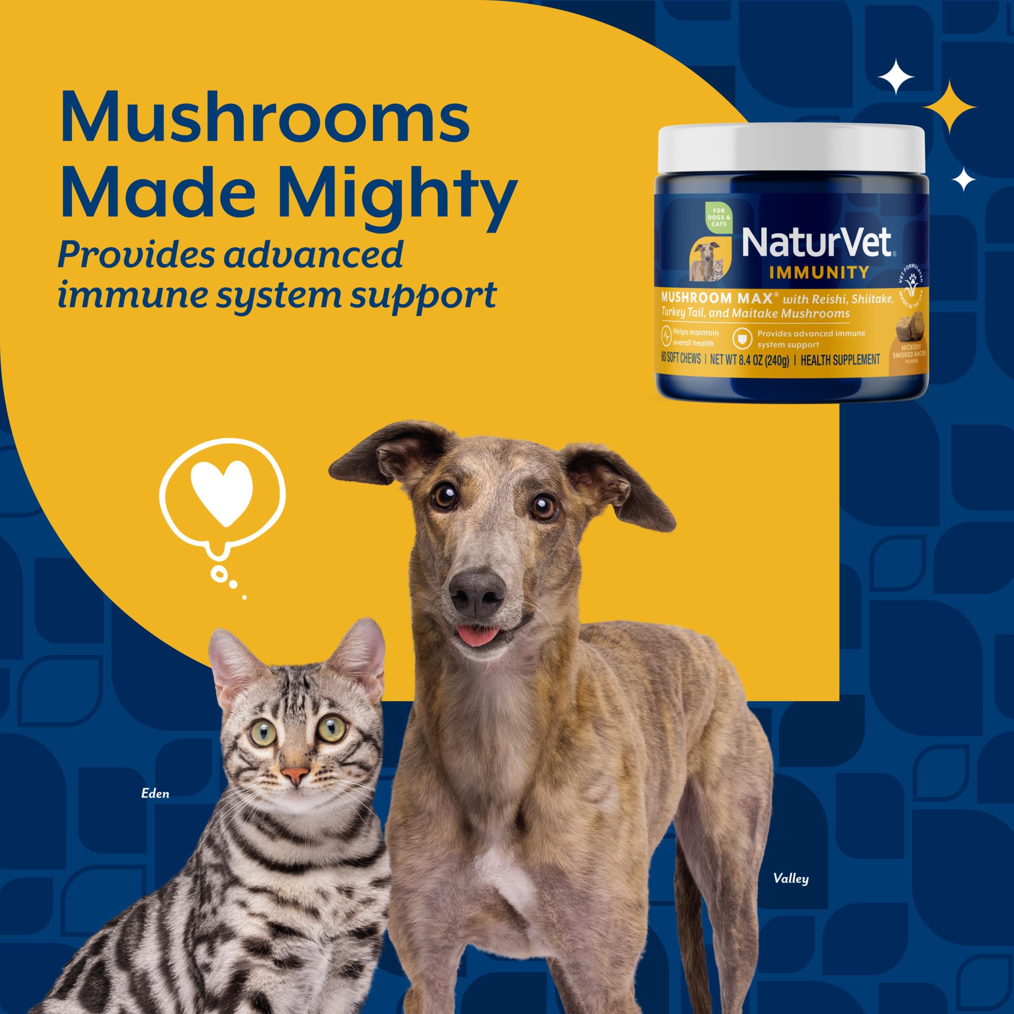 NaturVet Mushroom Max Advanced Ingredients Shiitake highlights antioxidant-rich mushroom blend.
