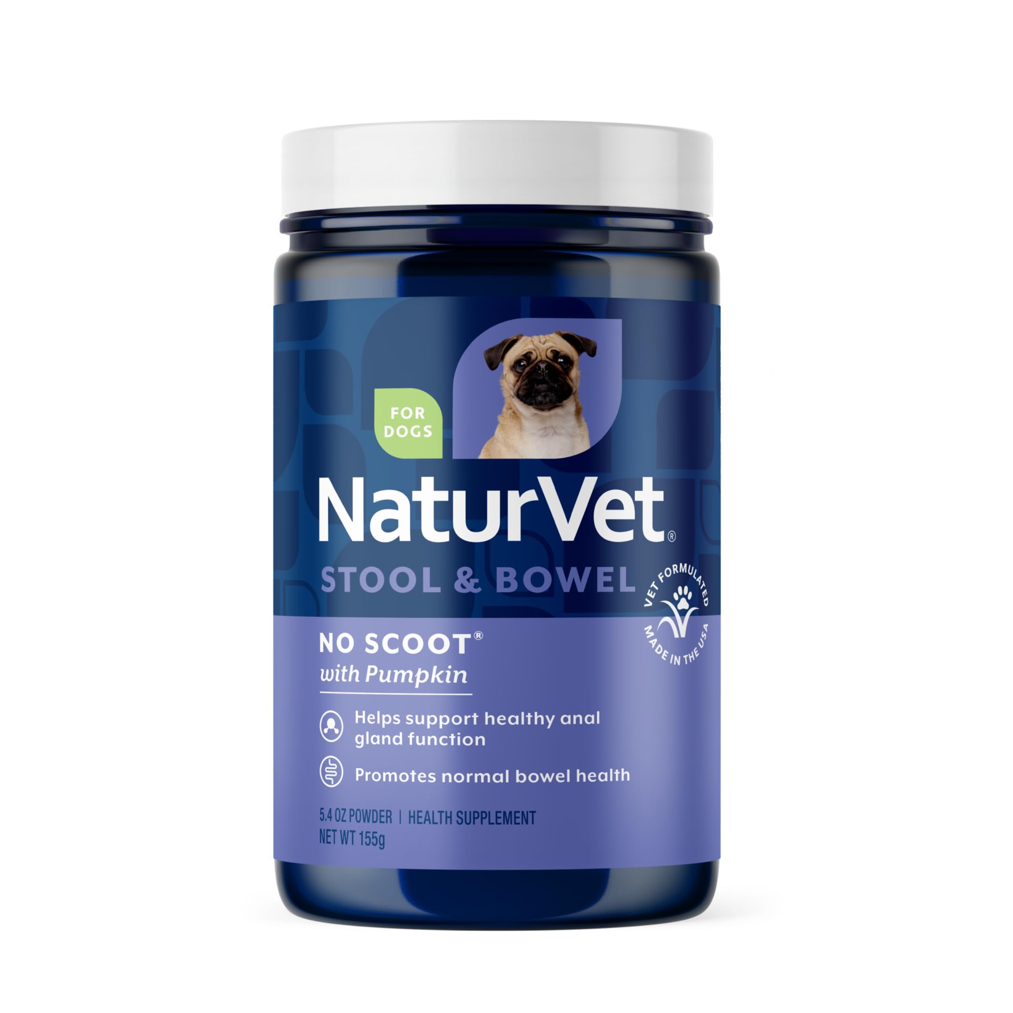 NaturVet No Scoot botella con calabaza, muestra fibra para apoyo digestivo