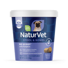 NaturVet No Scoot soft chews pumpkin bottle closeup supports anal glands and bowel function.