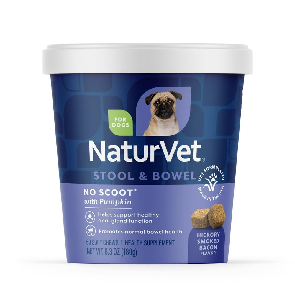 NaturVet No Scoot soft chews pumpkin serving dish view highlights fiber-rich formula.
