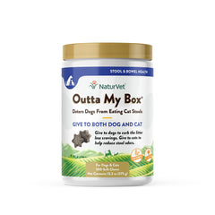 NaturVet Outta My Box packaging highlights a vet-formulated deterring chew for stools