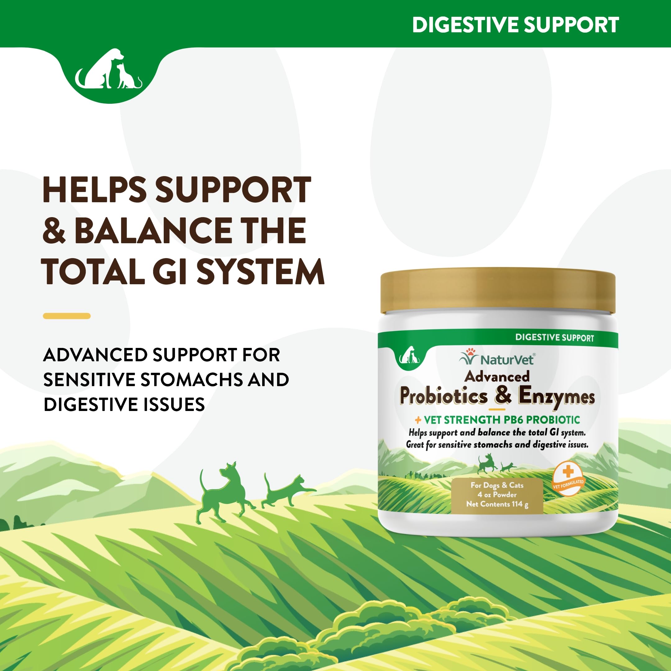 NaturVet PB6 probiotic for dogs and cats with dosing scoop highlighting vet-strength support.