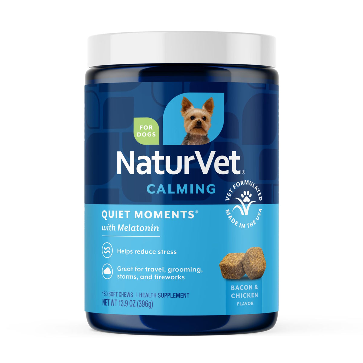 NaturVet Quiet Moments bottle front shows calming solution for stressed dogs.