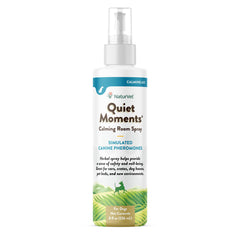 NaturVet Quiet Moments bottle and pour demonstrates easy calming mist for dogs.