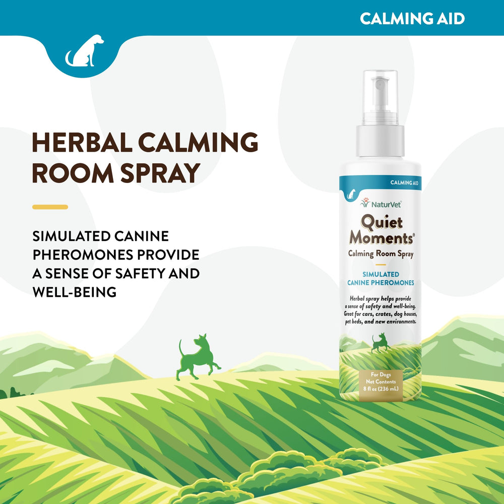 NaturVet Quiet Moments car use demonstrates on-the-go calming spray before trips.
