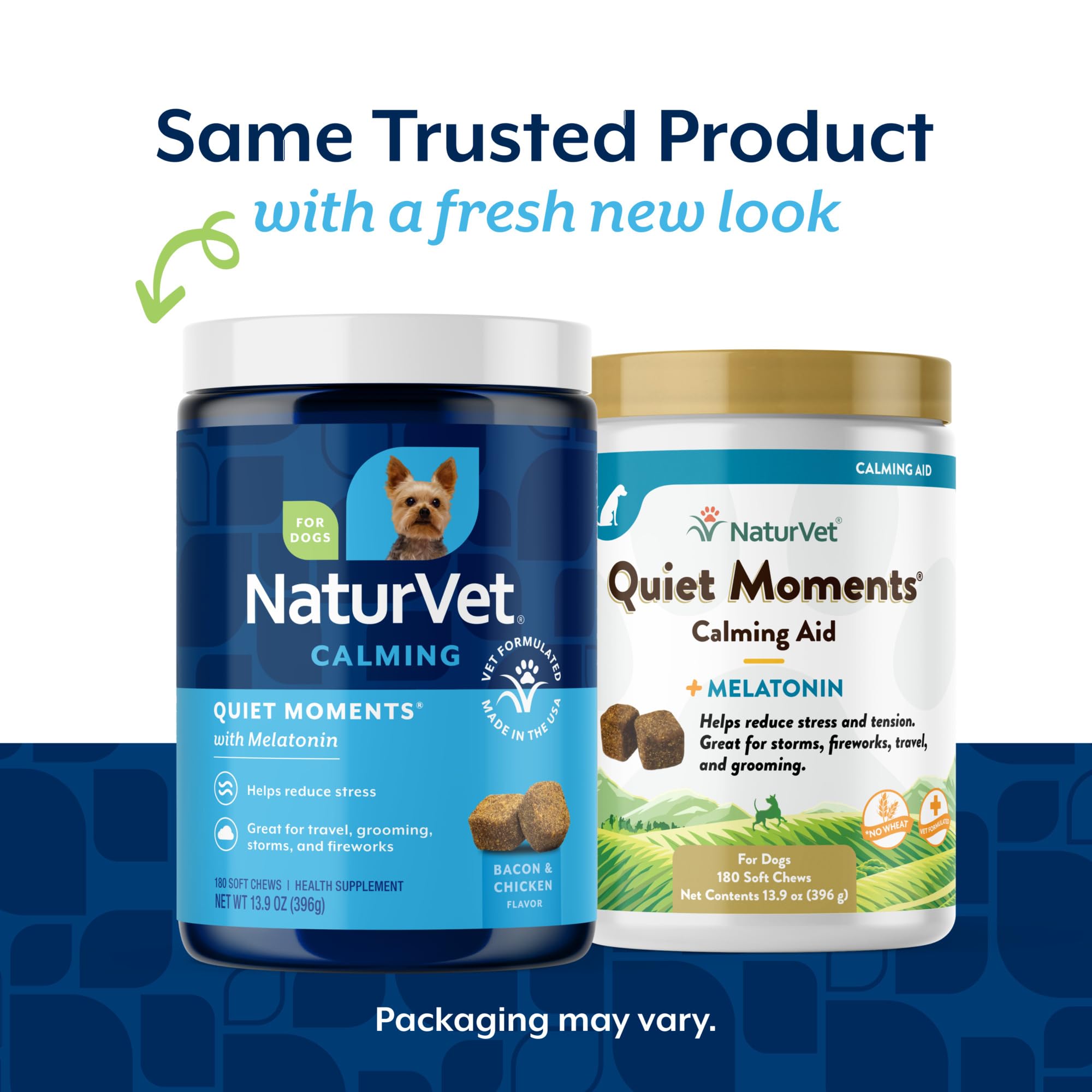 NaturVet Quiet Moments chews close-up highlights bacon flavor and calming support.