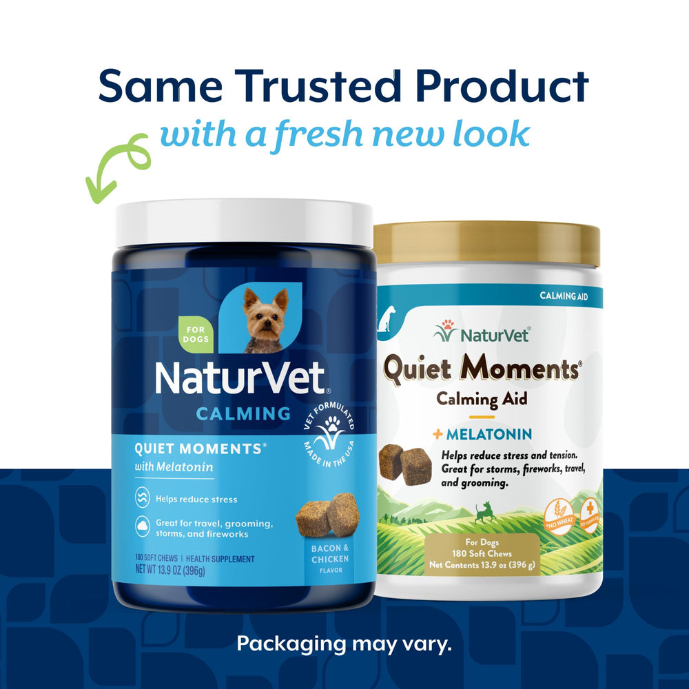 NaturVet Quiet Moments chews close-up highlights bacon flavor and calming support.