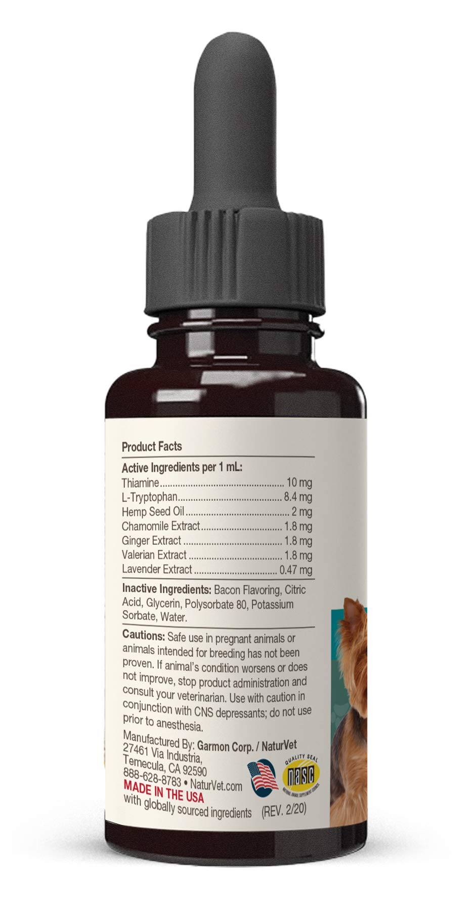 NaturVet Quiet Moments Drops label highlights hemp seed oil and L-tryptophan ingredients